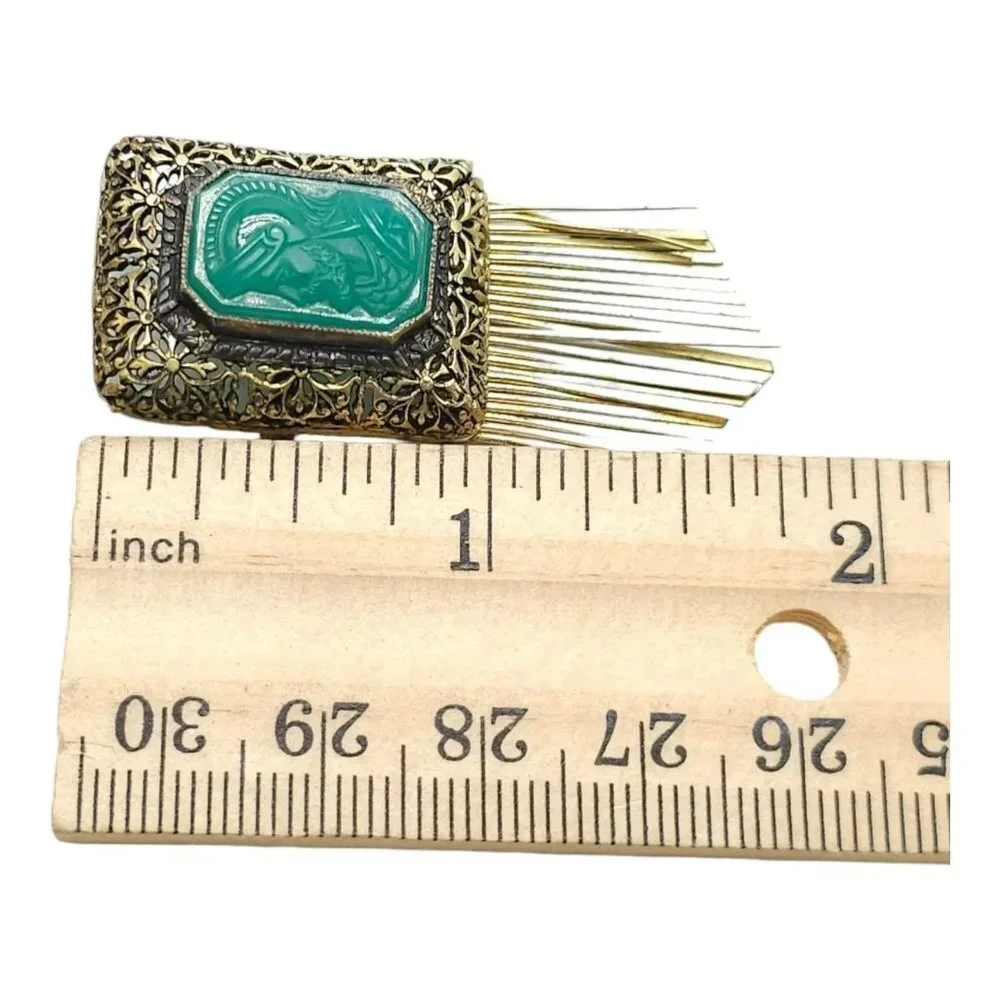 Green Glass Roman Soldier Art Deco Carved Fringe Brooch Pin Gold Tone Vintage